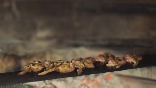 Costillas jugosas crudas asadas en el grial — Vídeos de Stock