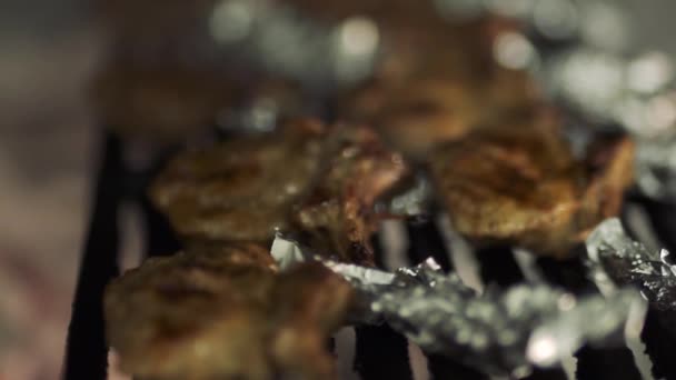 Heerlijke ribben geroosterd op een grill — Stockvideo