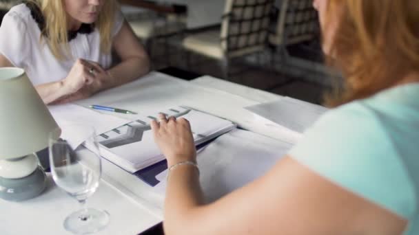 Zwei Geschäftsfrauen im Gespräch über das Gewinnwachstum ihres Unternehmens — Stockvideo