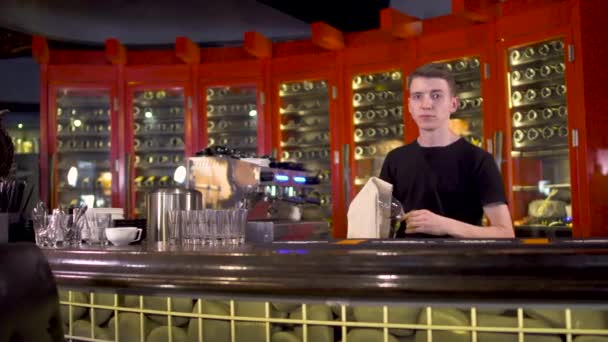 Bartender rengör glas stående i baren — Stockvideo