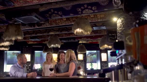 Compagnia di donne si incontrano nel ristorante vicino al bar — Video Stock