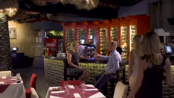 Gesellschaft trifft sich an Bar im Restaurant — Stockvideo