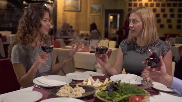 Компания болтает и пьет вино в ресторане — стоковое видео