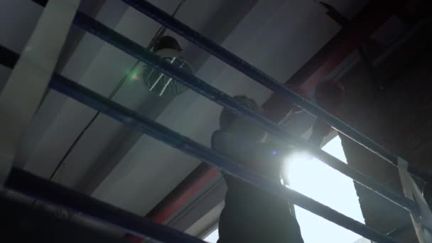 Kvinna i boxning handskar lean i boxningsringen, mot solen — Stockvideo