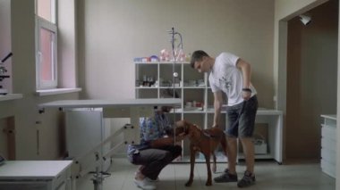 Adam bir veteriner kliniğinde bir resepsiyonda bir köpekle