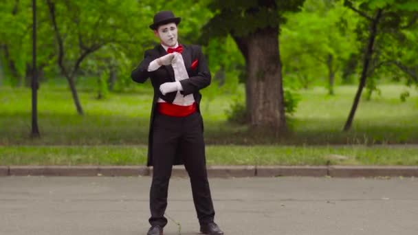 Mime catches his colleague with invisible lasso in the park — Stock Video