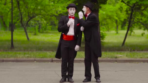 Two comical mimes do performance in the park — Stock Video