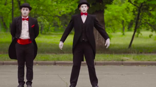 Two funny mimes do performance in the park — Stock Video