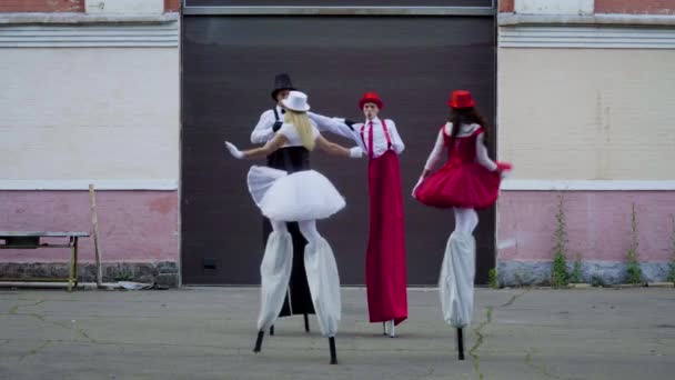 Две пары комиков на ходулях танцуют возле здания — стоковое видео