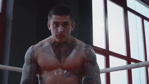 V rohu ringu stojí pěkný boxer s tetováním — Stock video