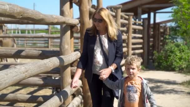 Rubia madre e hijo caminar cerca de aviario en el zoológico — Vídeo de stock