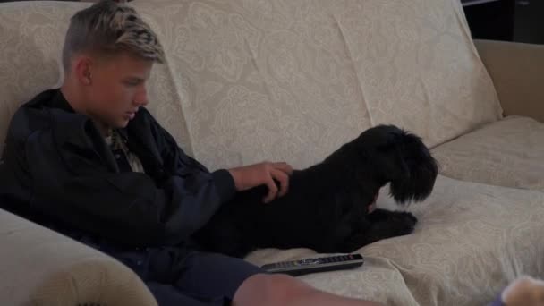 Jovem está sentado no sofá e acariciando o cão . — Vídeo de Stock