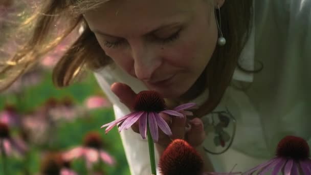 Schönes junges Mädchen, das Blumen auf einem Blumenfeld riecht — Stockvideo