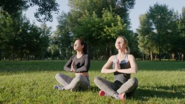Duas meninas bonitas fazendo ioga ao ar livre — Vídeo de Stock