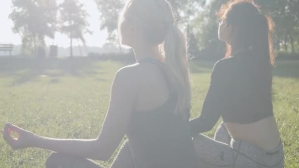 Duas meninas bonitas fazendo ioga ao ar livre — Vídeo de Stock