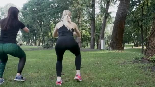 Zwei junge Mädchen bei Übungen im Park — Stockvideo