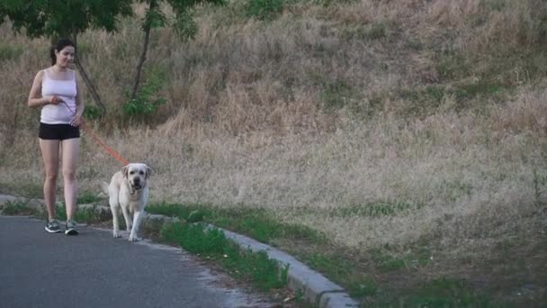 Chica joven corriendo con un perro al aire libre — Vídeos de Stock