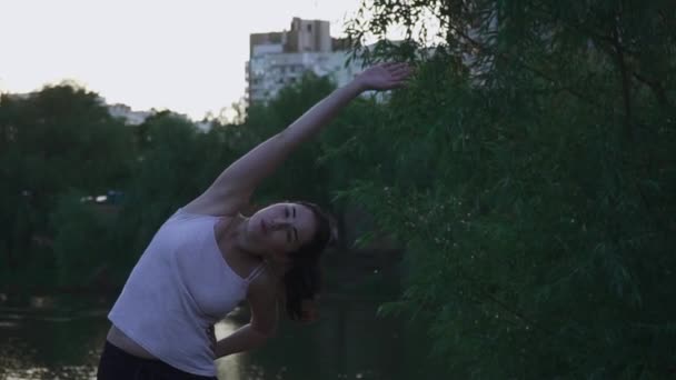 Hermosa chica haciendo ejercicios para las manos — Vídeos de Stock