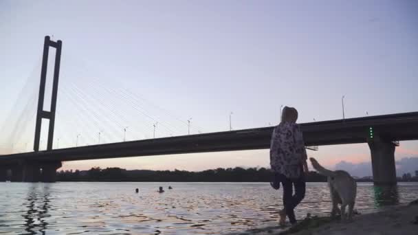 Belle fille promenades avec un chien le long de la rivière — Video