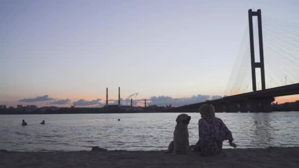 Beautiful girl is sitting with a dog on the river bank — Stock Video