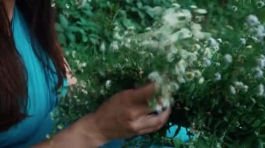 Bir çelenk ile uzun elbiseli güzel kız ormanda oturur