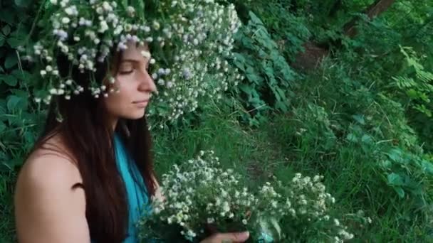 Hermosa chica en un vestido largo con una corona se sienta en el bosque — Vídeos de Stock