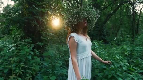 Schönes Mädchen mit einem Blumenkranz im Park — Stockvideo