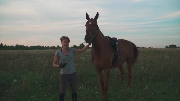Jong meisje houdt het paard voor de teugels — Stockvideo