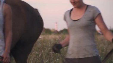 İki kız iki at bir alan yolda ilerliyorsunuz