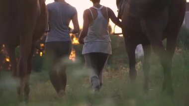 İki kız iki at bir alan yolda ilerliyorsunuz