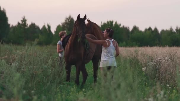 Två unga flickor med hästar på fältet — Stockvideo