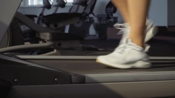 在健身房的跑步机上的美丽的年轻女孩 — 图库视频影像