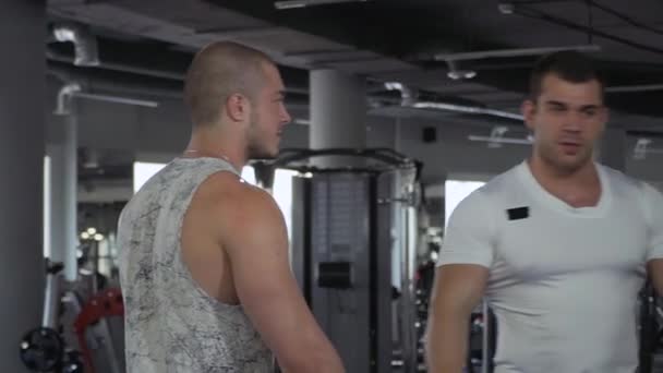 Двоє друзів зустрілися в спортзалі — стокове відео