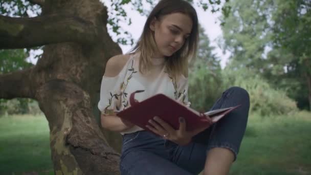 Молодая девушка записывает мысли, сидя на улице — стоковое видео