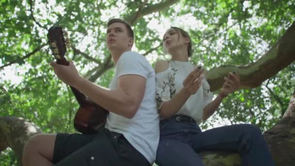 Pareja joven con una guitarra en el parque — Vídeo de stock