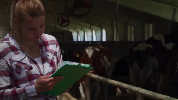 Menina bonita está verificando informações sobre vacas — Vídeo de Stock