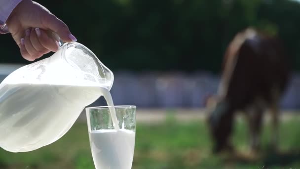 Vrouwelijke hand en is het gieten van melk in een glas. — Stockvideo