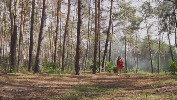 红色礼服的年轻妇女与弓走在公园 — 图库视频影像