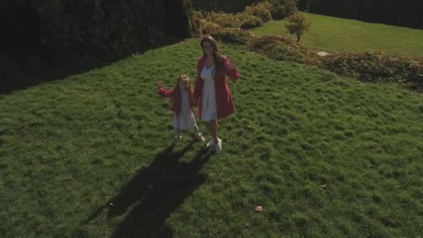 Little girl and her mother wave hands and send air kiss to camera. Shot on drone — Stock Video