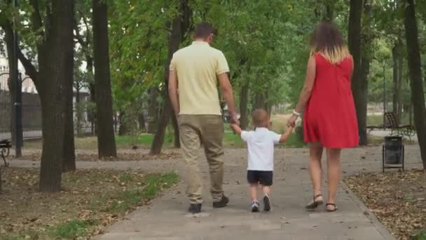 Молода сім'я для прогулянки в парку — стокове відео