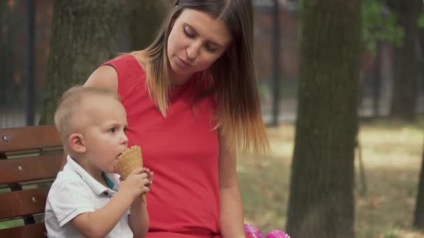 Маленький хлопчик їсть морозиво на лавці парку — стокове відео