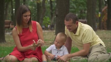 Anne genç oğulları ile yaprakları park toplamak