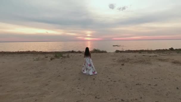 Menina bonita em um vestido branco com flores junto ao rio. Tiro no drone — Vídeo de Stock