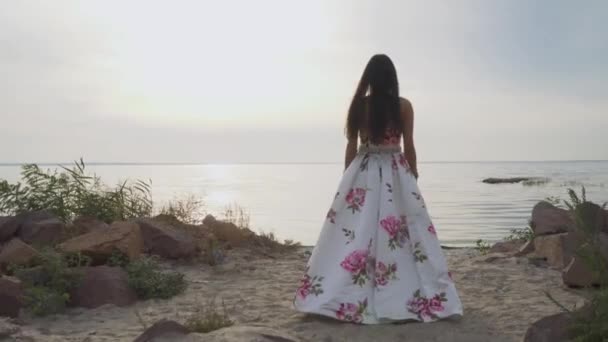 Schattig meisje in een lange mooie jurk wandelingen door de rivier — Stockvideo
