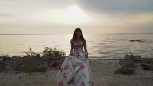 Hermosa chica en un largo vestido hermoso camina a lo largo de la orilla del río — Vídeos de Stock