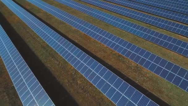 现场成排的太阳能电池板 蓝色太阳能电池板工厂 创造清洁可再生能源 替代能源功率场 绿色能源理念 — 图库视频影像