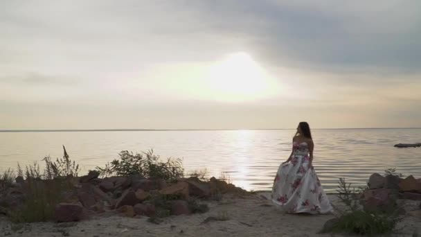 Inschrijving meisje in een lange mooie jurk wandelingen langs de rivier bank — Stockvideo