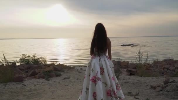 Ładna dziewczyna w długą, piękną sukienkę nad rzeką — Wideo stockowe