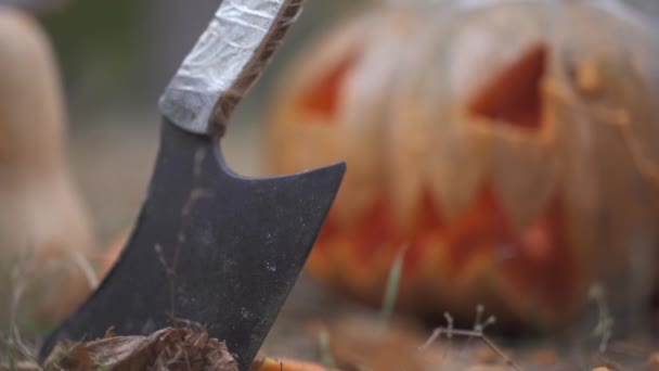 Halloween. Félelmetes tök és hentes kés az erdőben. Halloween koncepció — Stock videók