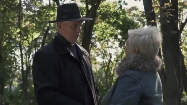 Uzun boylu adam parkta olgun kadınla konuşuyor — Stok video
